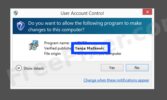 Screenshot where Tanja Matkovic appears as the verified publisher in the UAC dialog